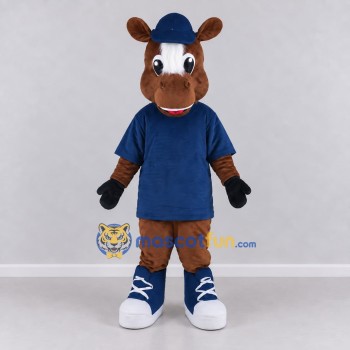 Custom Brown and Navy Blue Horse in a T-Shirt and Cap Mascot Costume Adult Full Body Suit for School Events