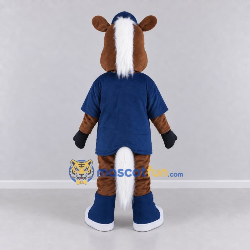 Custom Brown and Navy Blue Horse in a T-Shirt and Cap Mascot Costume Adult Full Body Suit for School Events Custom Brown and Navy Blue Horse in a T-Shirt and Cap Mascot Costume Adult Full Body Suit for School Events