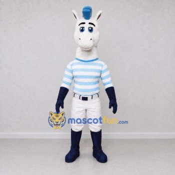 Custom White and Blue Horse in a Striped Shirt Mascot Costume Adult Full Body Suit for School Events