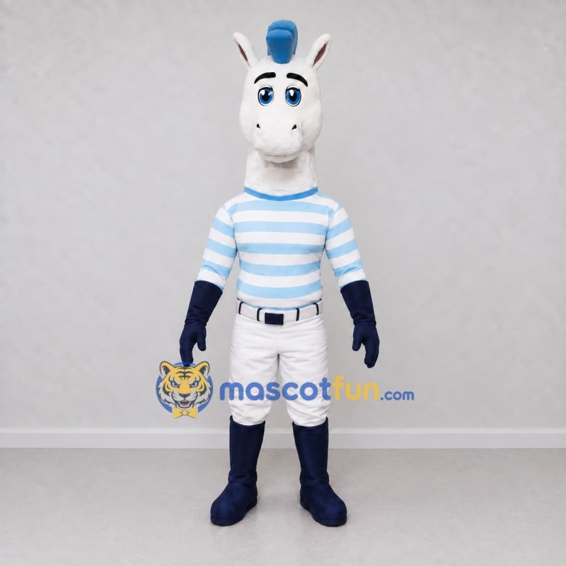 Custom White and Blue Horse in a Striped Shirt Mascot Costume Adult Full Body Suit for School Events Custom White and Blue Horse in a Striped Shirt Mascot Costume Adult Full Body Suit for School Events
