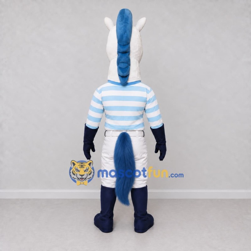 Custom White and Blue Horse in a Striped Shirt Mascot Costume Adult Full Body Suit for School Events Custom White and Blue Horse in a Striped Shirt Mascot Costume Adult Full Body Suit for School Events