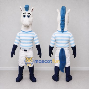 Custom White and Blue Horse in a Striped Shirt Mascot Costume Adult Full Body Suit for School Events