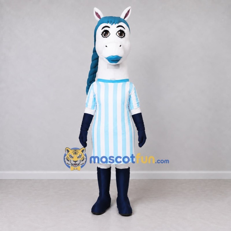 Custom White and Blue Horse in a Striped Dress Mascot Costume Adult Full Body Suit for School Events Custom White and Blue Horse in a Striped Dress Mascot Costume Adult Full Body Suit for School Events