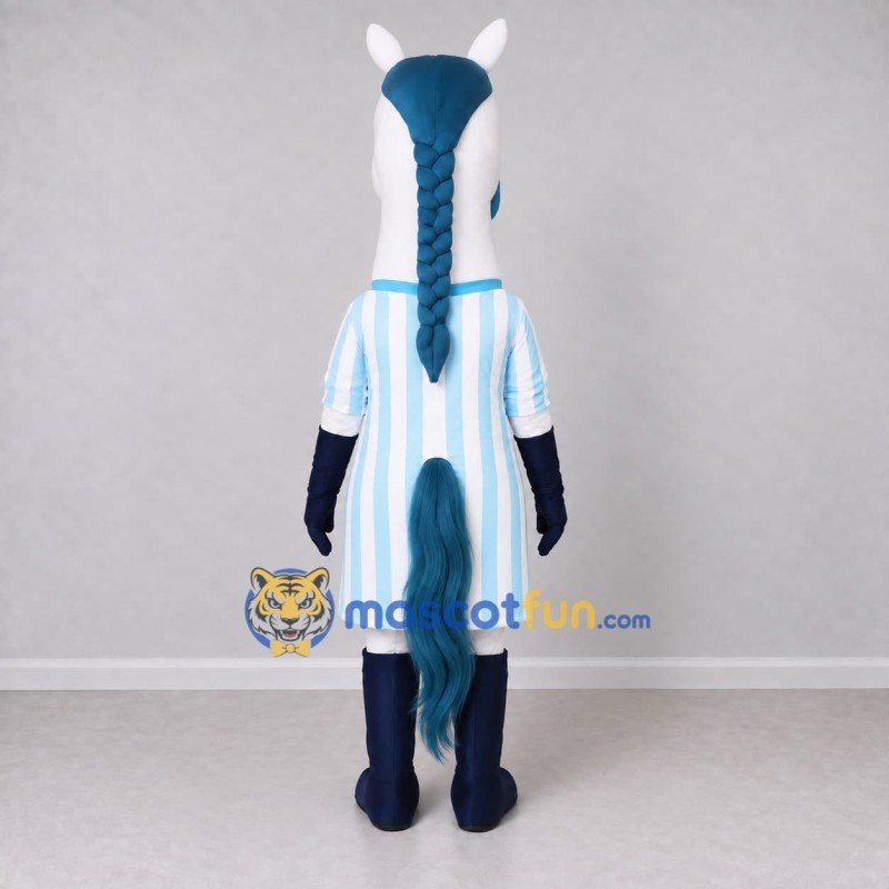 Custom White and Blue Horse in a Striped Dress Mascot Costume Adult Full Body Suit for School Events Custom White and Blue Horse in a Striped Dress Mascot Costume Adult Full Body Suit for School Events