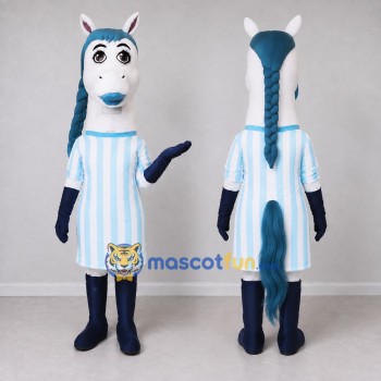 Custom White and Blue Horse in a Striped Dress Mascot Costume Adult Full Body Suit for School Events