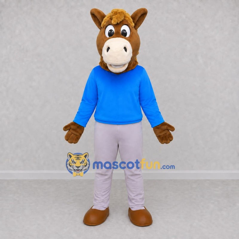 Custom Brown and Blue Horse in a Shirt and Pants Mascot Costume Adult Full Body Suit for School Events Custom Brown and Blue Horse in a Shirt and Pants Mascot Costume Adult Full Body Suit for School Events