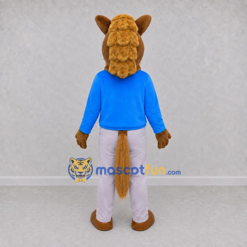 Custom Brown and Blue Horse in a Shirt and Pants Mascot Costume Adult Full Body Suit for School Events Custom Brown and Blue Horse in a Shirt and Pants Mascot Costume Adult Full Body Suit for School Events