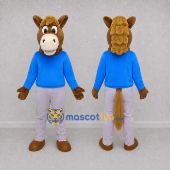 Custom Brown and Blue Horse in a Shirt and Pants Mascot Costume Adult Full Body Suit for School Events