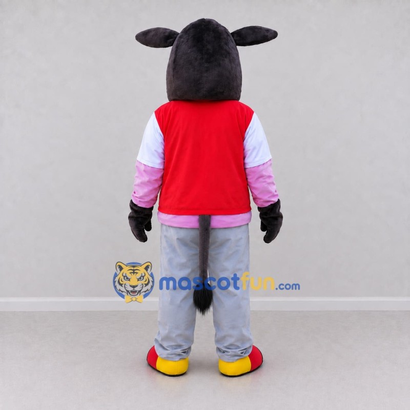 Custom Black and Red Donkey in a Vest and Pants Mascot Costume Adult Full Body Suit for School Events Custom Black and Red Donkey in a Vest and Pants Mascot Costume Adult Full Body Suit for School Events