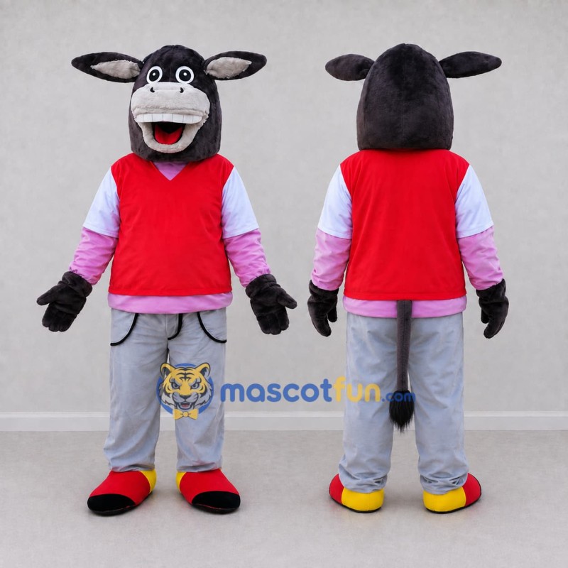 Custom Black and Red Donkey in a Vest and Pants Mascot Costume Adult Full Body Suit for School Events Custom Black and Red Donkey in a Vest and Pants Mascot Costume Adult Full Body Suit for School Events