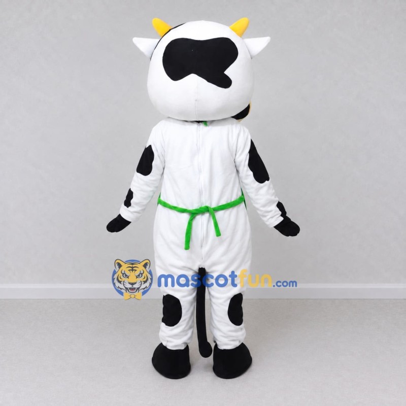 Custom Black and White Cow in a Green Apron Mascot Costume Adult Full Body Suit for Farm Events