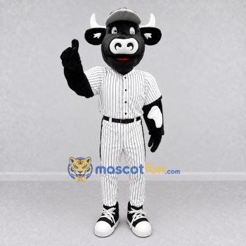 Custom Black and White Bull in a Baseball Uniform Mascot Costume Adult Full Body Suit for Sports Events Custom Black and White Bull in a Baseball Uniform Mascot Costume Adult Full Body Suit for Sports Events