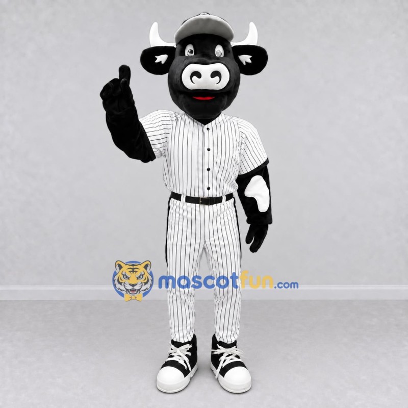 Custom Black and White Bull in a Baseball Uniform Mascot Costume Adult Full Body Suit for Sports Events Custom Black and White Bull in a Baseball Uniform Mascot Costume Adult Full Body Suit for Sports Events