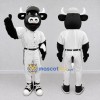 Custom Black and White Bull in a Baseball Uniform Mascot Costume Adult Full Body Suit for Sports Events Custom Black and White Bull in a Baseball Uniform Mascot Costume Adult Full Body Suit for Sports Events