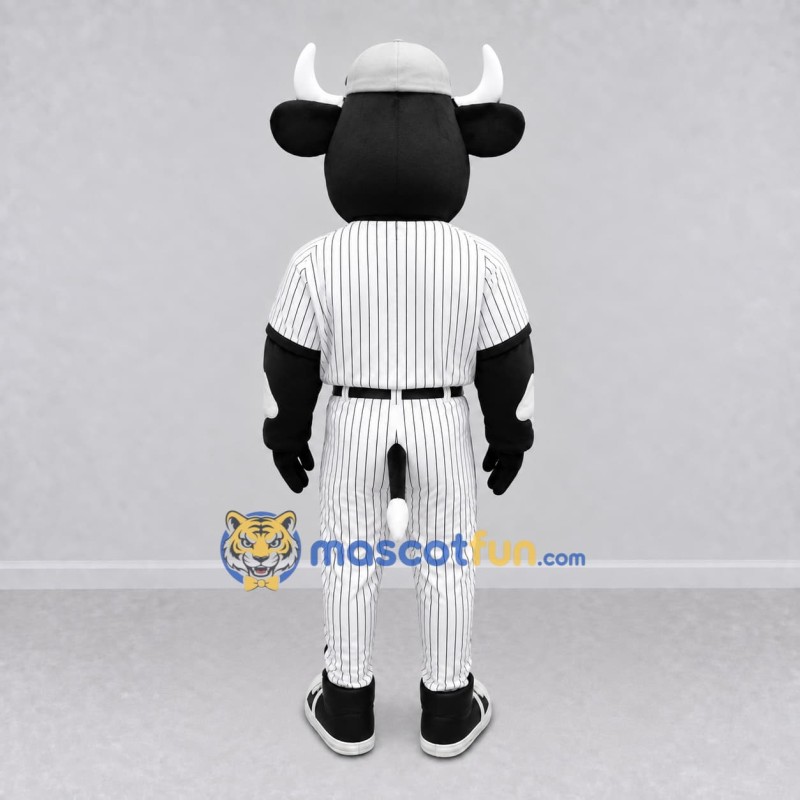Custom Black and White Bull in a Baseball Uniform Mascot Costume Adult Full Body Suit for Sports Events Custom Black and White Bull in a Baseball Uniform Mascot Costume Adult Full Body Suit for Sports Events