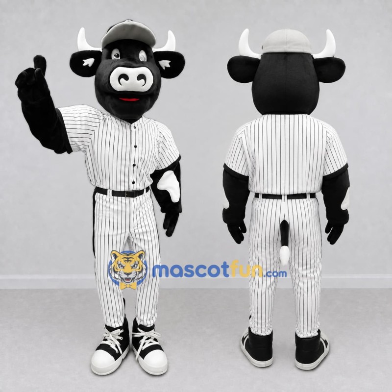 Custom Black and White Bull in a Baseball Uniform Mascot Costume Adult Full Body Suit for Sports Events Custom Black and White Bull in a Baseball Uniform Mascot Costume Adult Full Body Suit for Sports Events