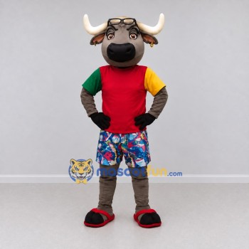 Custom Brown and Multicolor Bull in a T-Shirt and Floral Shorts Mascot Costume Adult Full Body Suit for Summer Events Custom Brown and Multicolor Bull in a T-Shirt and Floral Shorts Mascot Costume Adult Full Body Suit for Summer Events