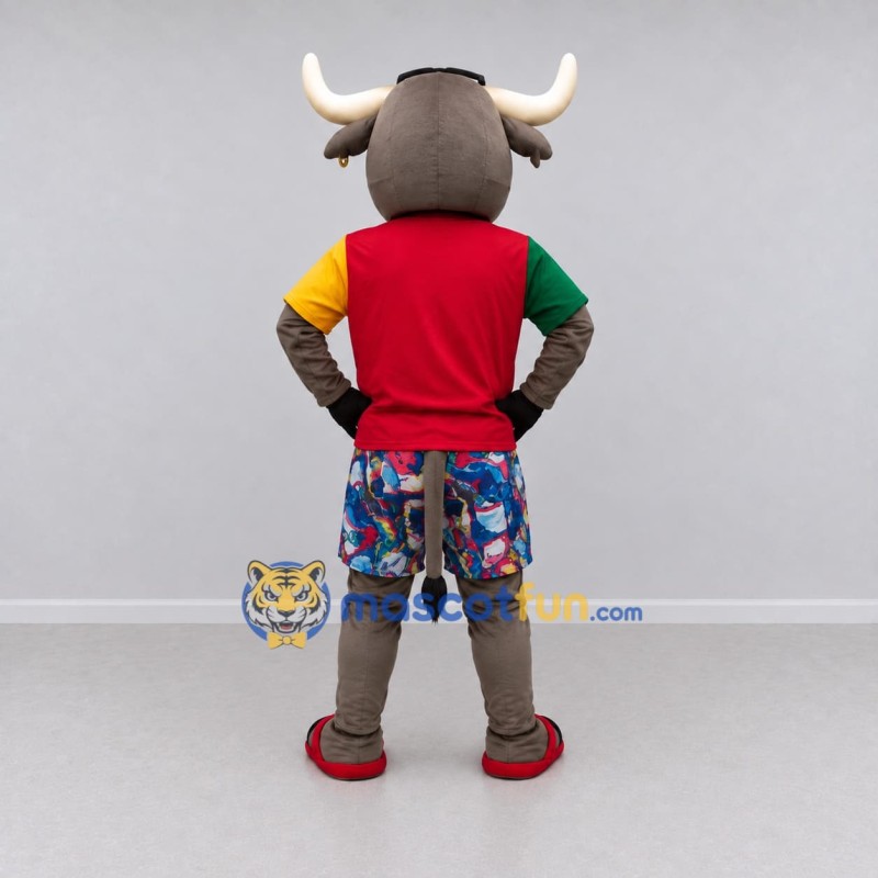 Custom Brown and Multicolor Bull in a T-Shirt and Floral Shorts Mascot Costume Adult Full Body Suit for Summer Events Custom Brown and Multicolor Bull in a T-Shirt and Floral Shorts Mascot Costume Adult Full Body Suit for Summer Events