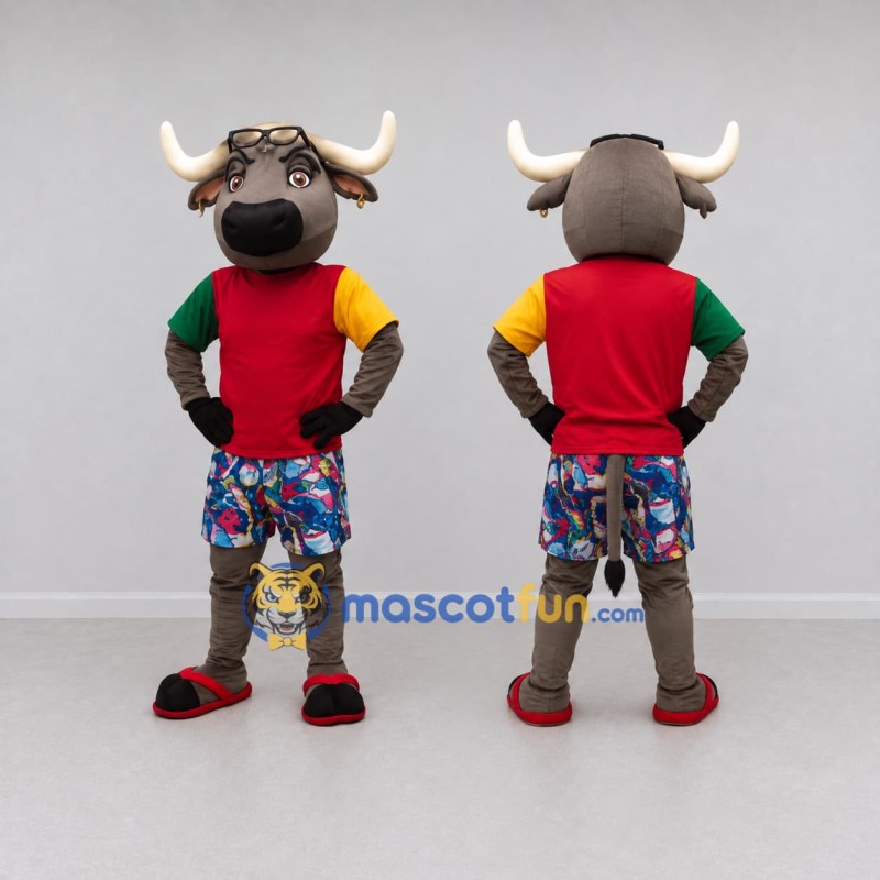 Custom Brown and Multicolor Bull in a T-Shirt and Floral Shorts Mascot Costume Adult Full Body Suit for Summer Events Custom Brown and Multicolor Bull in a T-Shirt and Floral Shorts Mascot Costume Adult Full Body Suit for Summer Events
