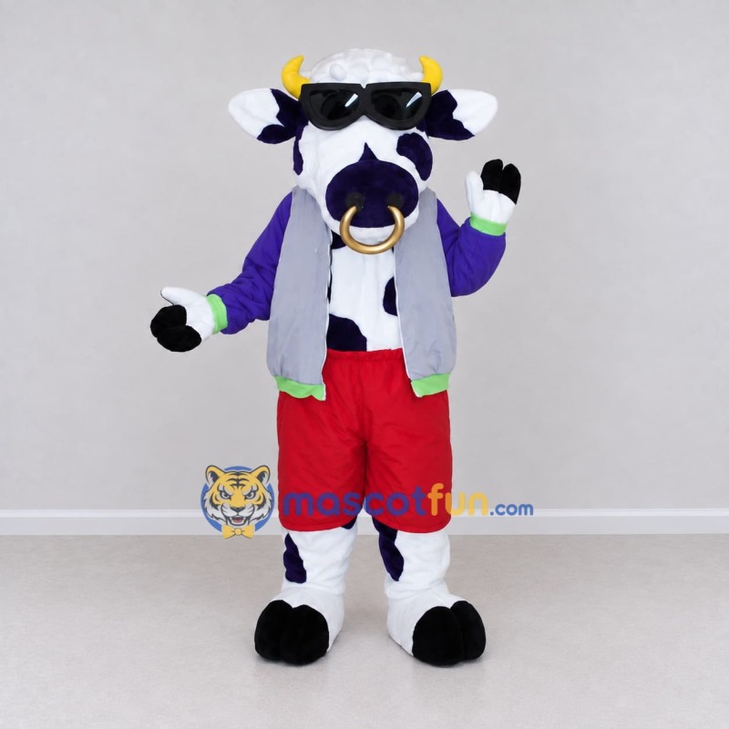 Custom Purple and White Bull in Sunglasses and a Vest Mascot Costume Adult Full Body Suit for Outdoor Events Custom Purple and White Bull in Sunglasses and a Vest Mascot Costume Adult Full Body Suit for Outdoor Events