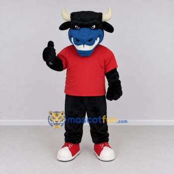 Custom Black and Red Bull in a T-Shirt Mascot Costume Adult Full Body Suit for Sports Events Custom Black and Red Bull in a T-Shirt Mascot Costume Adult Full Body Suit for Sports Events