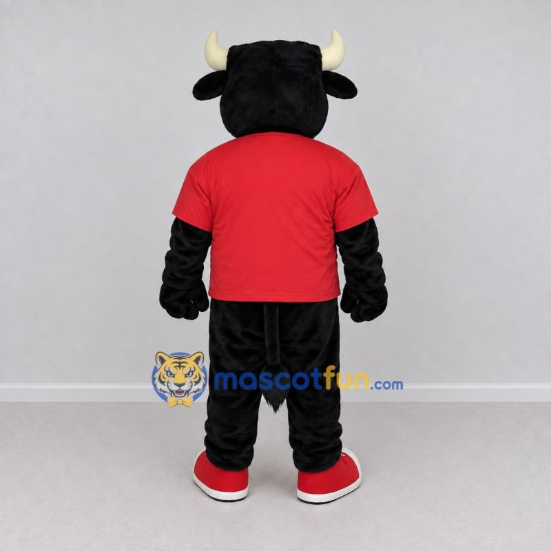 Custom Black and Red Bull in a T-Shirt Mascot Costume Adult Full Body Suit for Sports Events Custom Black and Red Bull in a T-Shirt Mascot Costume Adult Full Body Suit for Sports Events