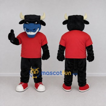 Custom Black and Red Bull in a T-Shirt Mascot Costume Adult Full Body Suit for Sports Events