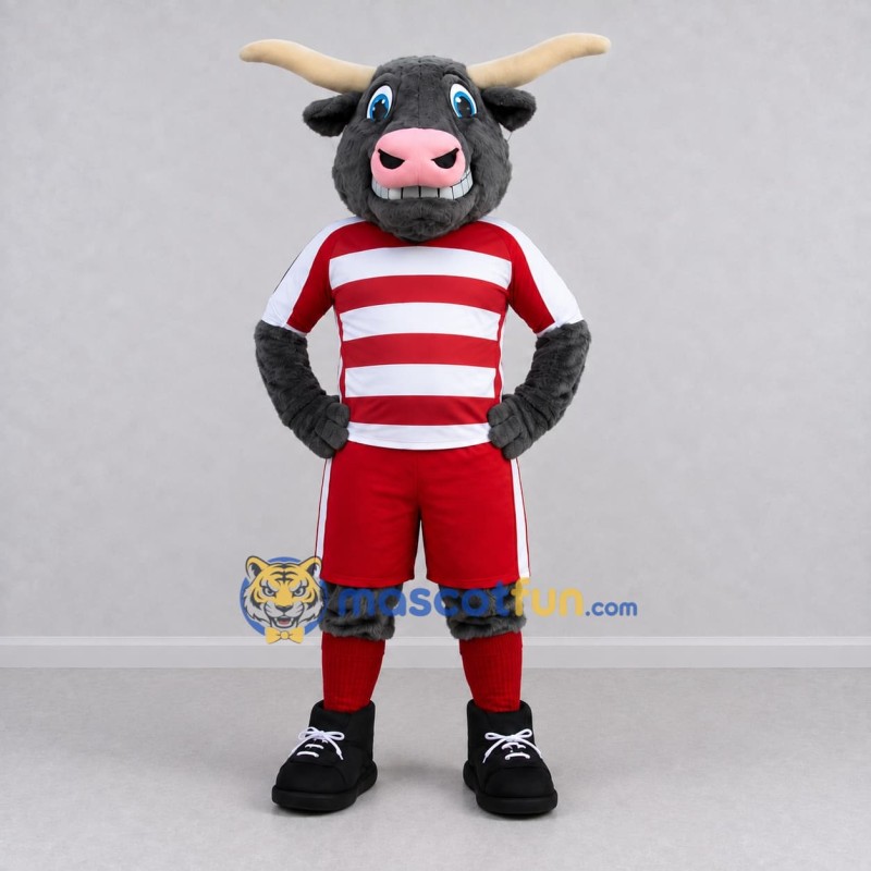 Custom Gray and Red Bull in Sportswear Mascot Costume Adult Full Body Suit for Sports Events Custom Gray and Red Bull in Sportswear Mascot Costume Adult Full Body Suit for Sports Events