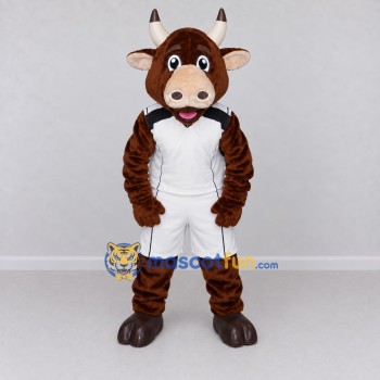 Custom Brown and White Bull in Sportswear Mascot Costume Adult Full Body Suit for Sports Events