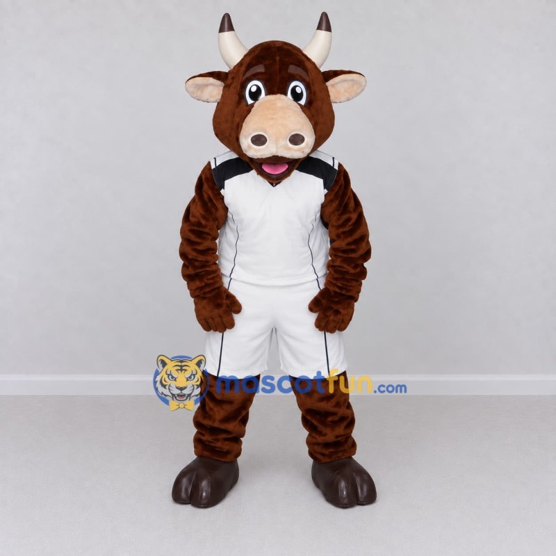 Custom Brown and White Bull in Sportswear Mascot Costume Adult Full Body Suit for Sports Events Custom Brown and White Bull in Sportswear Mascot Costume Adult Full Body Suit for Sports Events