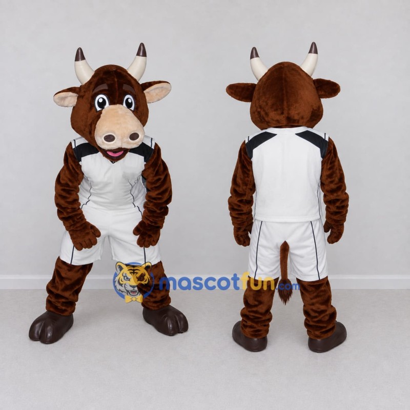 Custom Brown and White Bull in Sportswear Mascot Costume Adult Full Body Suit for Sports Events Custom Brown and White Bull in Sportswear Mascot Costume Adult Full Body Suit for Sports Events
