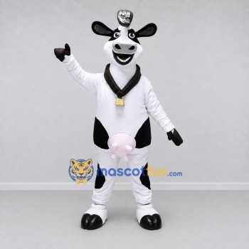 Custom Black and White Cow with a Bell and Hat Mascot Costume Adult Full Body Suit for Farm Events Custom Black and White Cow with a Bell and Hat Mascot Costume Adult Full Body Suit for Farm Events