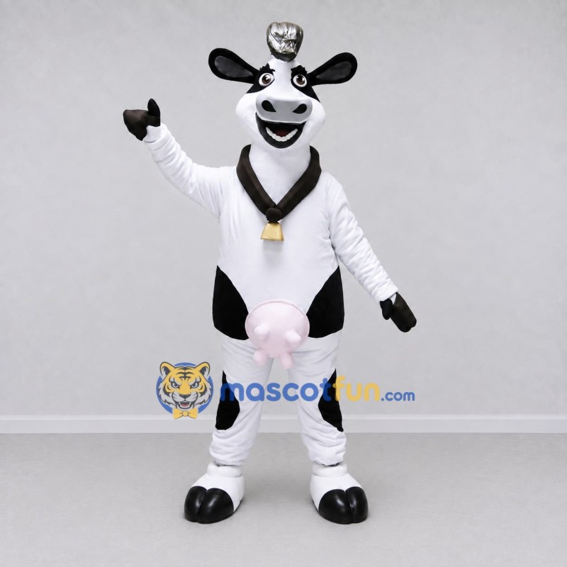 Custom Black and White Cow with a Bell and Hat Mascot Costume Adult Full Body Suit for Farm Events Custom Black and White Cow with a Bell and Hat Mascot Costume Adult Full Body Suit for Farm Events
