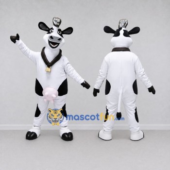 Custom Black and White Cow with a Bell and Hat Mascot Costume Adult Full Body Suit for Farm Events