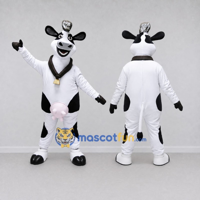 Custom Black and White Cow with a Bell and Hat Mascot Costume Adult Full Body Suit for Farm Events Custom Black and White Cow with a Bell and Hat Mascot Costume Adult Full Body Suit for Farm Events