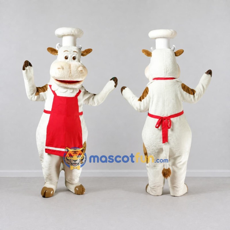 Custom Cream and Red Cow Chef Mascot Costume Adult Full Body Suit for Food Festivals Custom Cream and Red Cow Chef Mascot Costume Adult Full Body Suit for Food Festivals