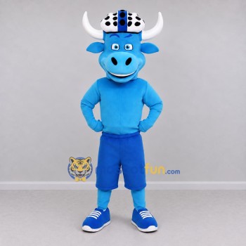 Custom Blue and White Bull in a Helmet and Shorts Mascot Costume Adult Full Body Suit for Sports Events