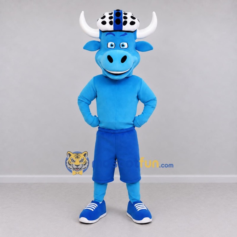 Custom Blue and White Bull in a Helmet and Shorts Mascot Costume Adult Full Body Suit for Sports Events Custom Blue and White Bull in a Helmet and Shorts Mascot Costume Adult Full Body Suit for Sports Events