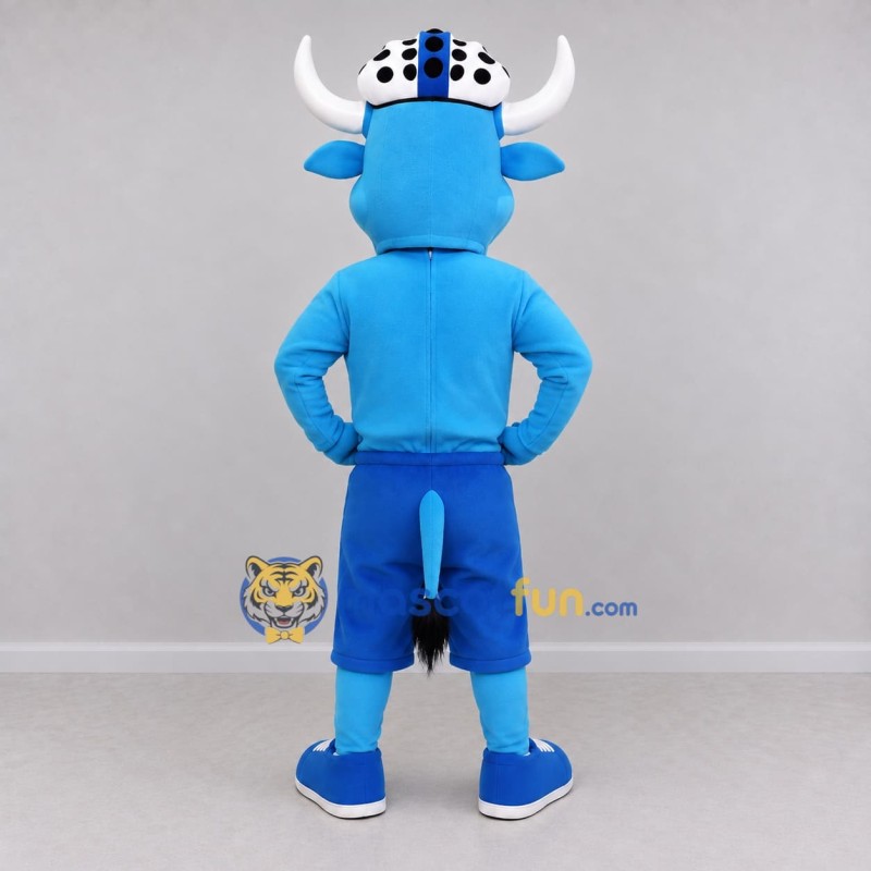 Custom Blue and White Bull in a Helmet and Shorts Mascot Costume Adult Full Body Suit for Sports Events Custom Blue and White Bull in a Helmet and Shorts Mascot Costume Adult Full Body Suit for Sports Events
