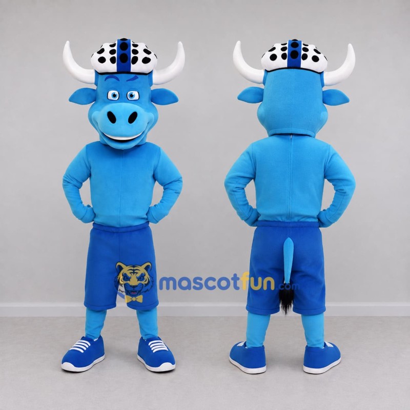 Custom Blue and White Bull in a Helmet and Shorts Mascot Costume Adult Full Body Suit for Sports Events Custom Blue and White Bull in a Helmet and Shorts Mascot Costume Adult Full Body Suit for Sports Events