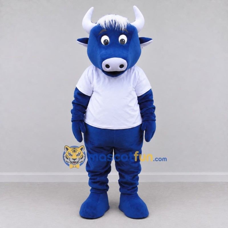 Custom Blue and White Bull in a T-Shirt and Pants Mascot Costume Adult Full Body Suit for School Events Custom Blue and White Bull in a T-Shirt and Pants Mascot Costume Adult Full Body Suit for School Events