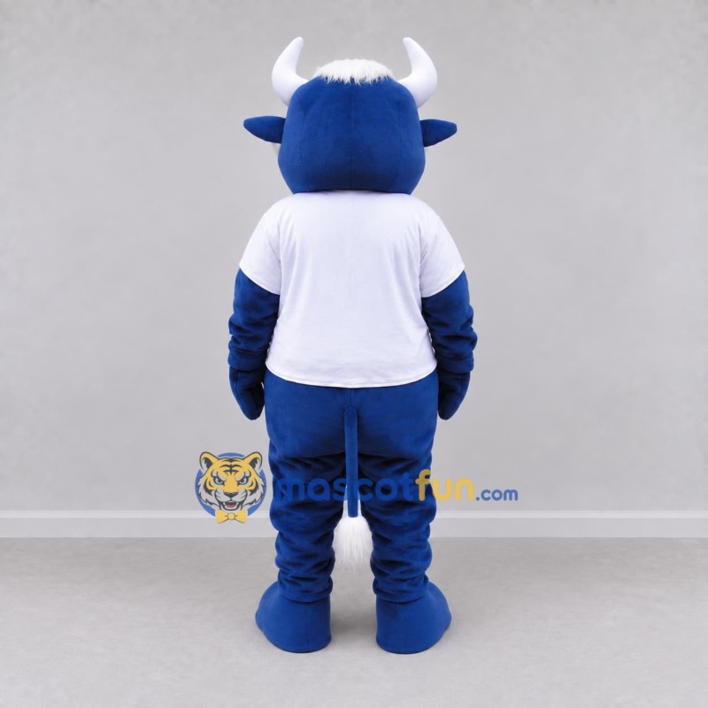 Custom Blue and White Bull in a T-Shirt and Pants Mascot Costume Adult Full Body Suit for School Events Custom Blue and White Bull in a T-Shirt and Pants Mascot Costume Adult Full Body Suit for School Events