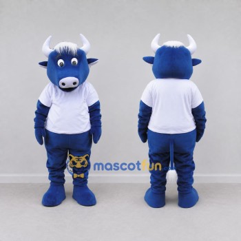 Custom Blue and White Bull in a T-Shirt and Pants Mascot Costume Adult Full Body Suit for School Events