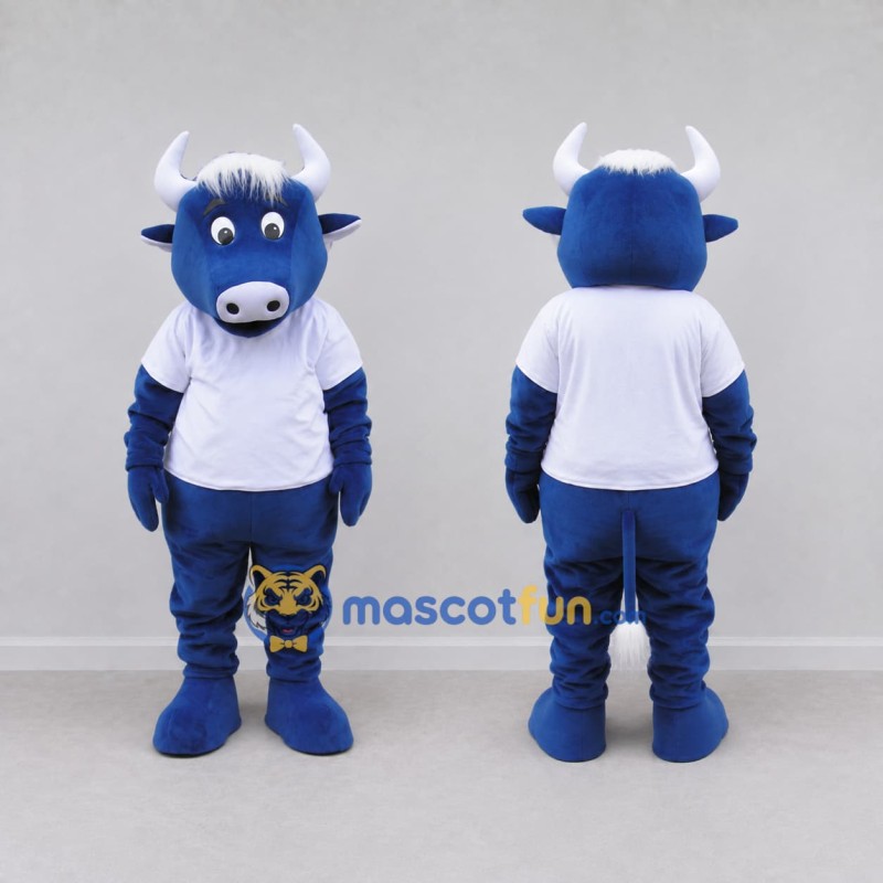 Custom Blue and White Bull in a T-Shirt and Pants Mascot Costume Adult Full Body Suit for School Events Custom Blue and White Bull in a T-Shirt and Pants Mascot Costume Adult Full Body Suit for School Events