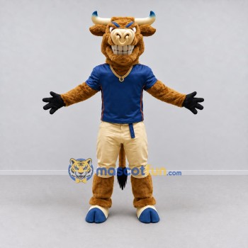 Custom Brown and Navy Blue Bull in Sportswear Mascot Costume Adult Full Body Suit for Sports Events Custom Brown and Navy Blue Bull in Sportswear Mascot Costume Adult Full Body Suit for Sports Events