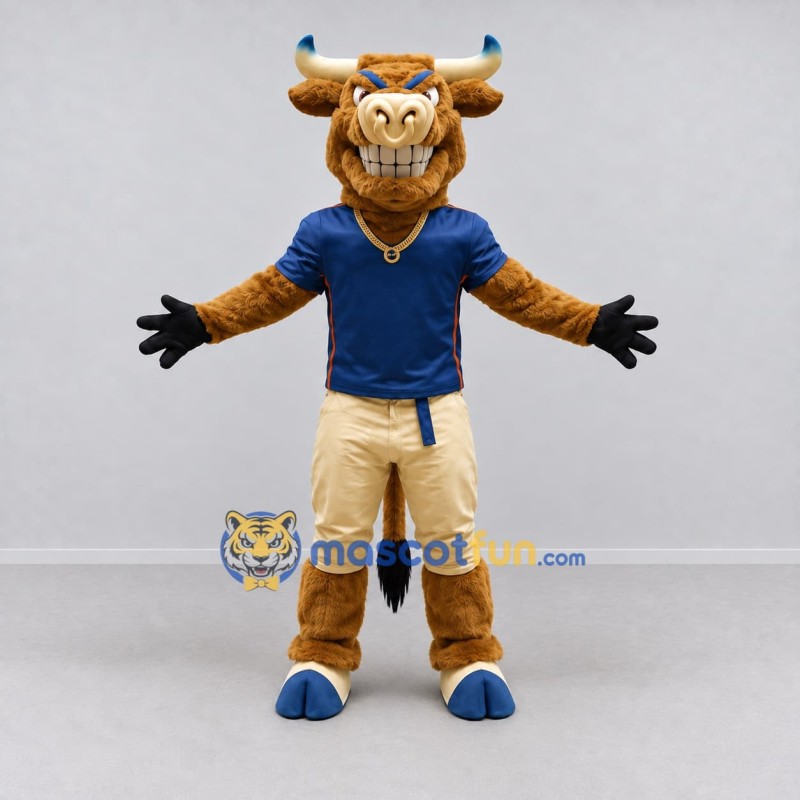 Custom Brown and Navy Blue Bull in Sportswear Mascot Costume Adult Full Body Suit for Sports Events Custom Brown and Navy Blue Bull in Sportswear Mascot Costume Adult Full Body Suit for Sports Events
