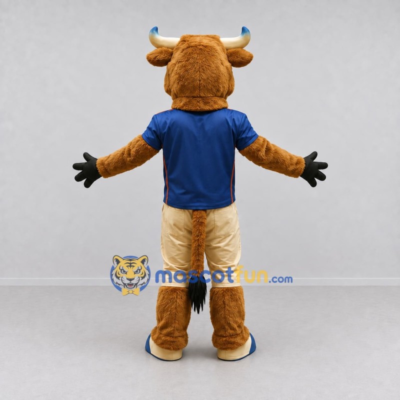 Custom Brown and Navy Blue Bull in Sportswear Mascot Costume Adult Full Body Suit for Sports Events Custom Brown and Navy Blue Bull in Sportswear Mascot Costume Adult Full Body Suit for Sports Events