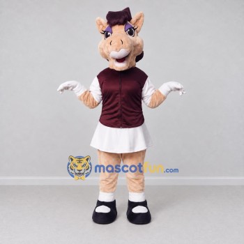 Custom Tan and Burgundy Horse in a Vest and Skirt Mascot Costume Adult Full Body Suit for School Events Custom Tan and Burgundy Horse in a Vest and Skirt Mascot Costume Adult Full Body Suit for School Events
