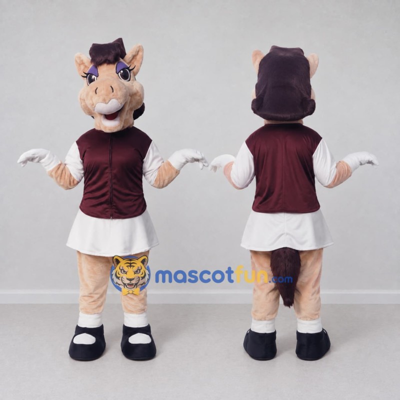 Custom Tan and Burgundy Horse in a Vest and Skirt Mascot Costume Adult Full Body Suit for School Events
