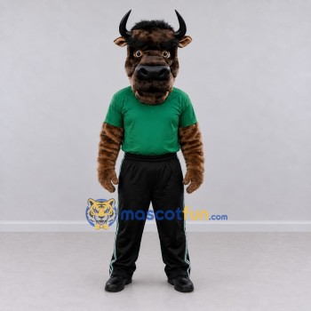 Custom Brown and Green Bull in a Shirt and Pants Mascot Costume Adult Full Body Suit for Sports Events Custom Brown and Green Bull in a Shirt and Pants Mascot Costume Adult Full Body Suit for Sports Events
